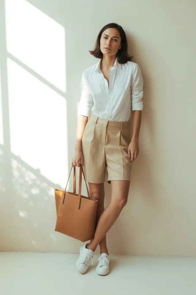 Summer office outfit ideas with tailored shorts and white button-down