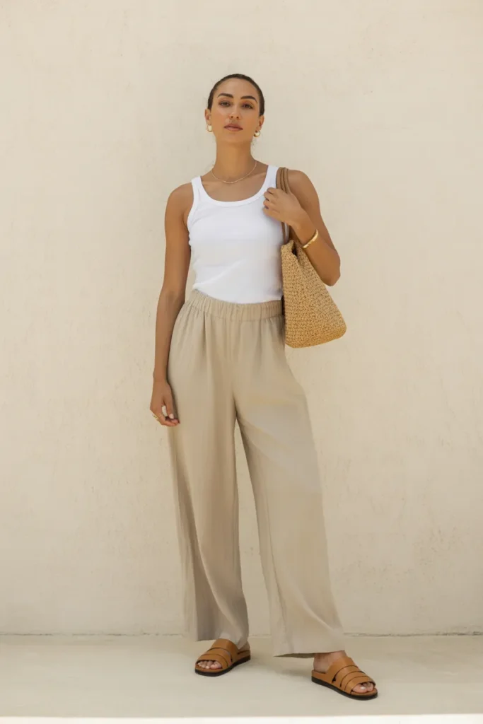 Summer outfit ideas casual look with white tank and oat linen pants