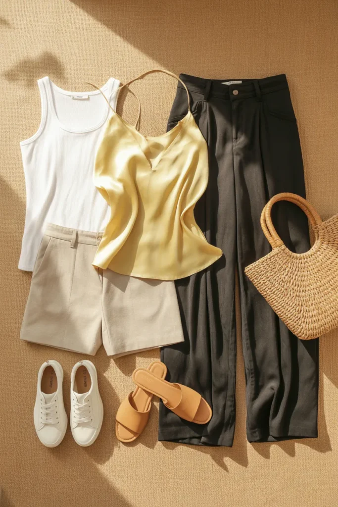 Summer outfit ideas flat lay with neutral capsule wardrobe pieces on linen