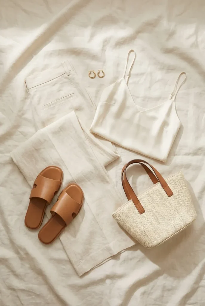 Summer quiet luxury style flat lay with linen pants silk camisole and tan leather sandals