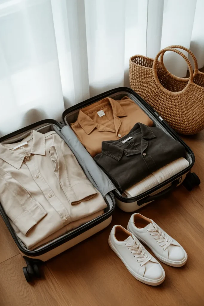 Summer travel capsule wardrobe packed in carry-on suitcase