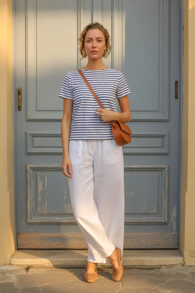 Summer travel outfit ideas with striped tee and white linen pants
