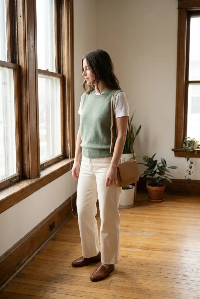 Summer work layering outfit with a knit vest over a white tee and cream trousers