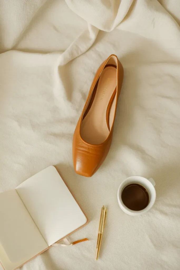 Tan leather ballet flat styled with a notebook and coffee for a capsule wardrobe planning flat lay