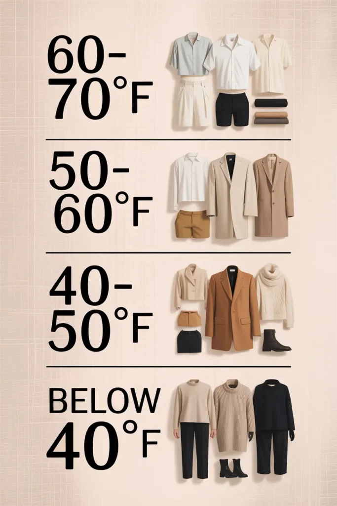 Temperature-band layering guide flat lay showing how to layer outfits for 40 to 70 degree weather