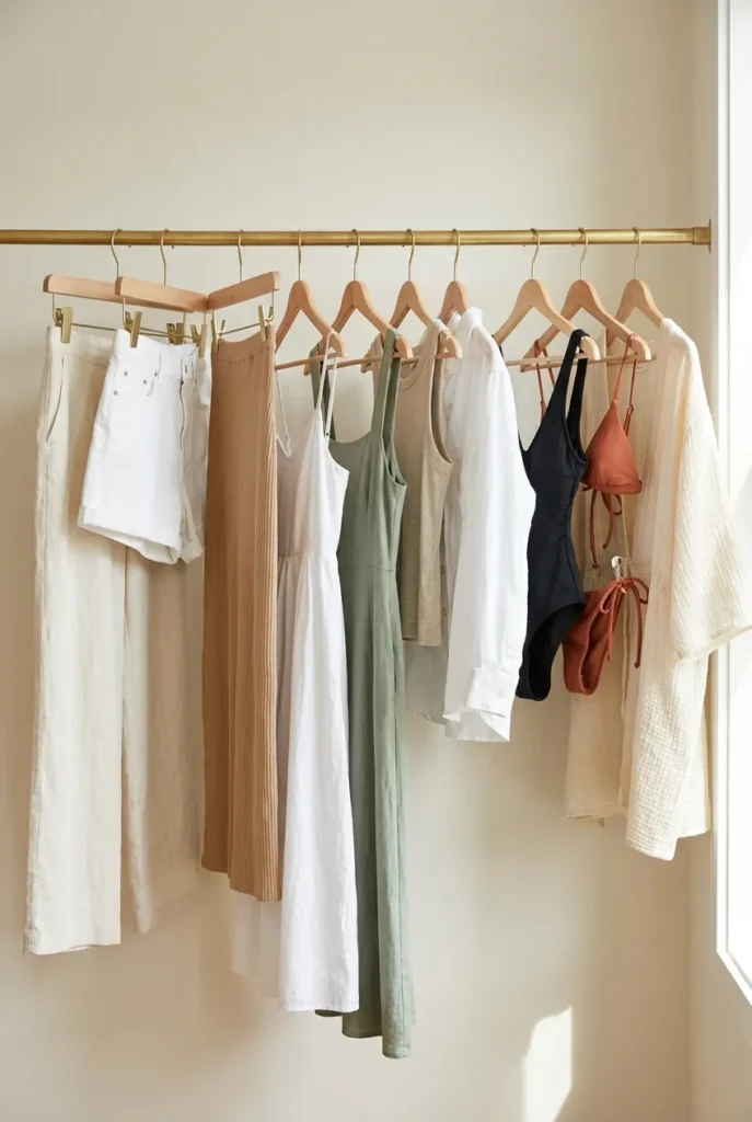 Ten beach vacation capsule wardrobe pieces hung on wooden hangers showing the full mix-and-match capsule.