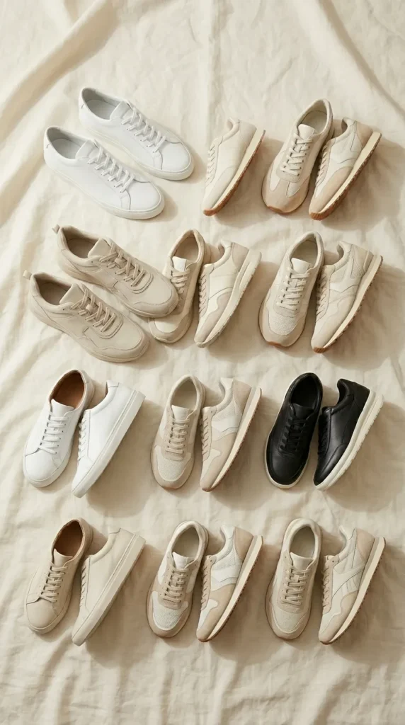 Ten best sneakers for women 2026 capsule edit flat lay on cream linen background