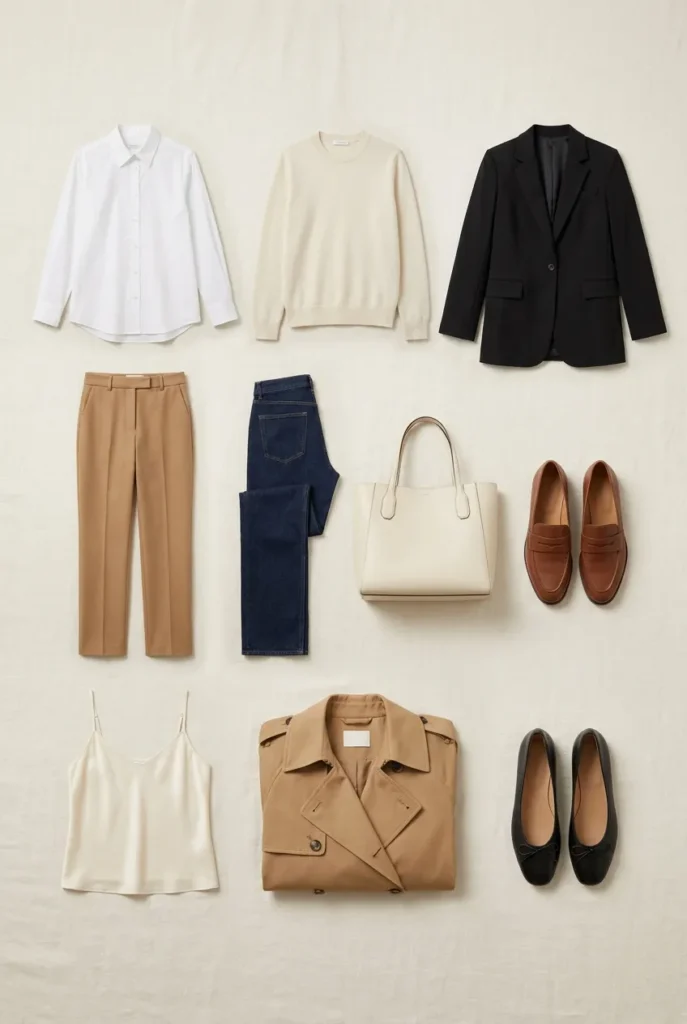 Ten quiet luxury style capsule wardrobe staples in cream camel and black on linen