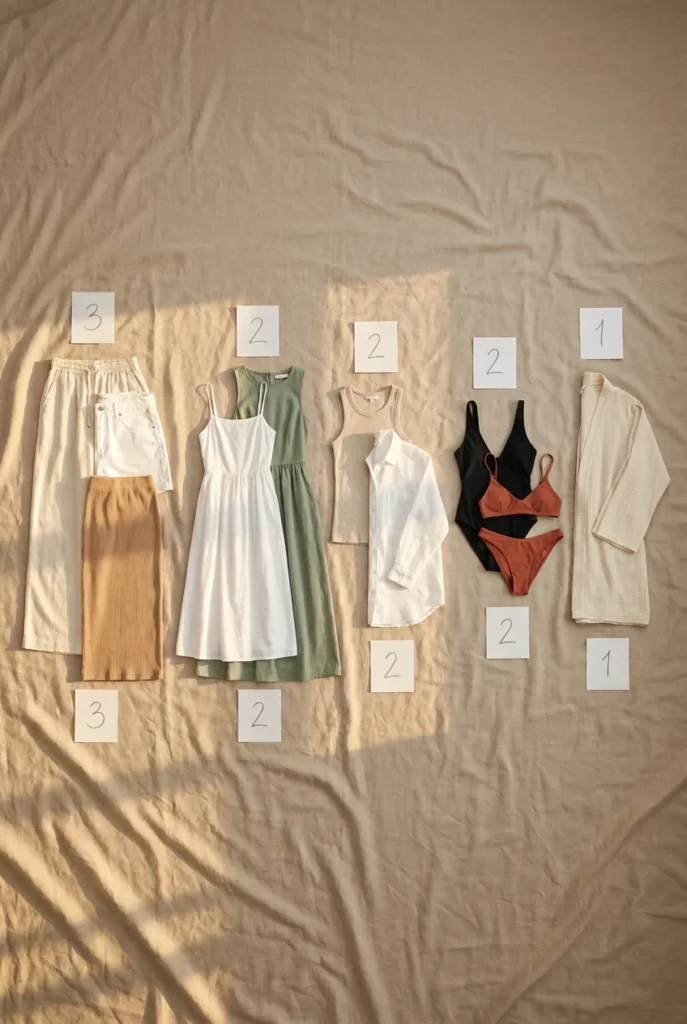 The 3-2-2-2-1 beach method flat lay showing how to pack a 10-piece beach vacation capsule wardrobe.