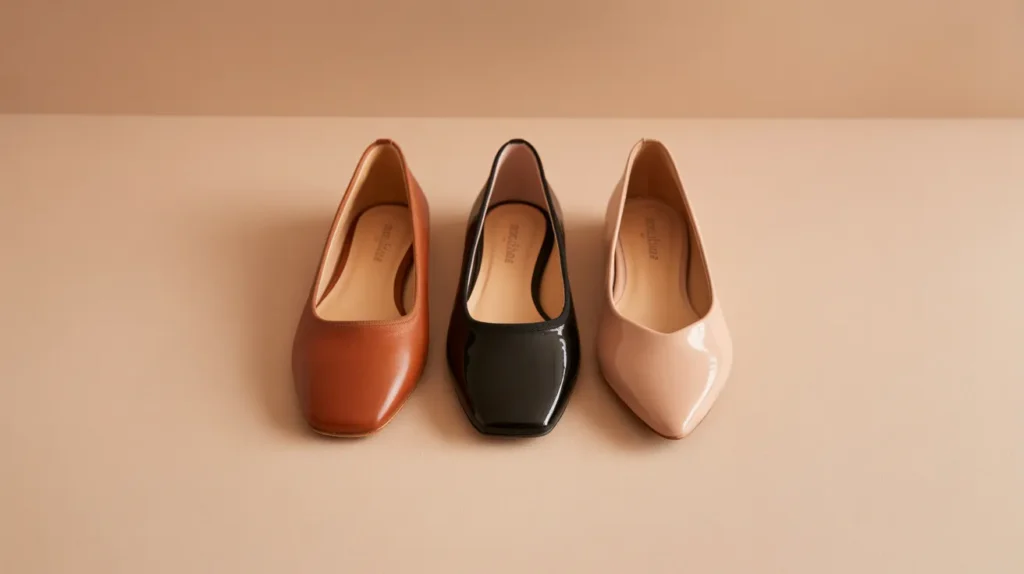 Three ballet flat shapes compared round toe, square toe, and pointed toe in neutral colors