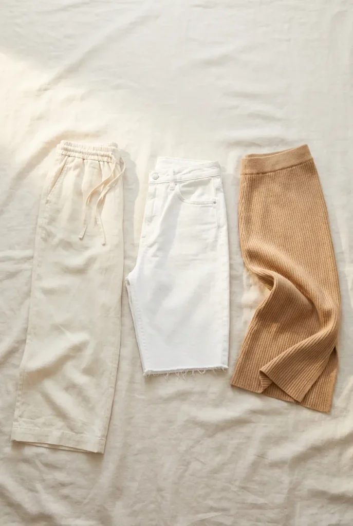 Three bottoms for a beach vacation capsule wardrobe cream linen pants, white denim shorts, and tan ribbed midi skirt.
