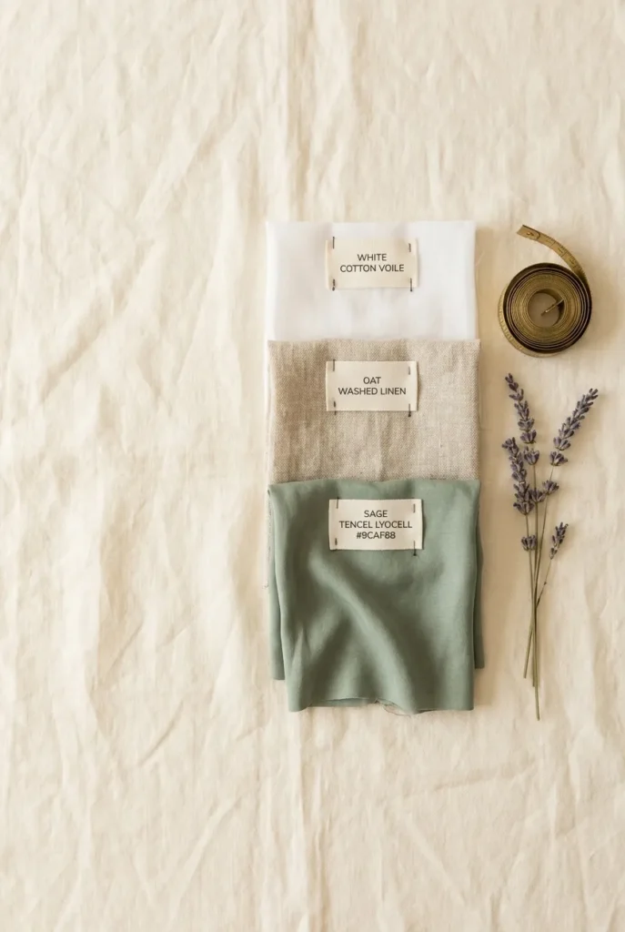 Three breathable fabric swatches for modest summer outfits including cotton voile, washed linen, and sage TENCEL lyocell.