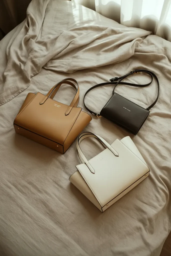 Three capsule wardrobe bags arranged on bed showing tote crossbody and top-handle in neutral colors