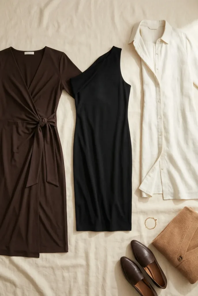 Three capsule wardrobe dresses for curvy women in espresso wrap black column and ivory linen shirtdress.