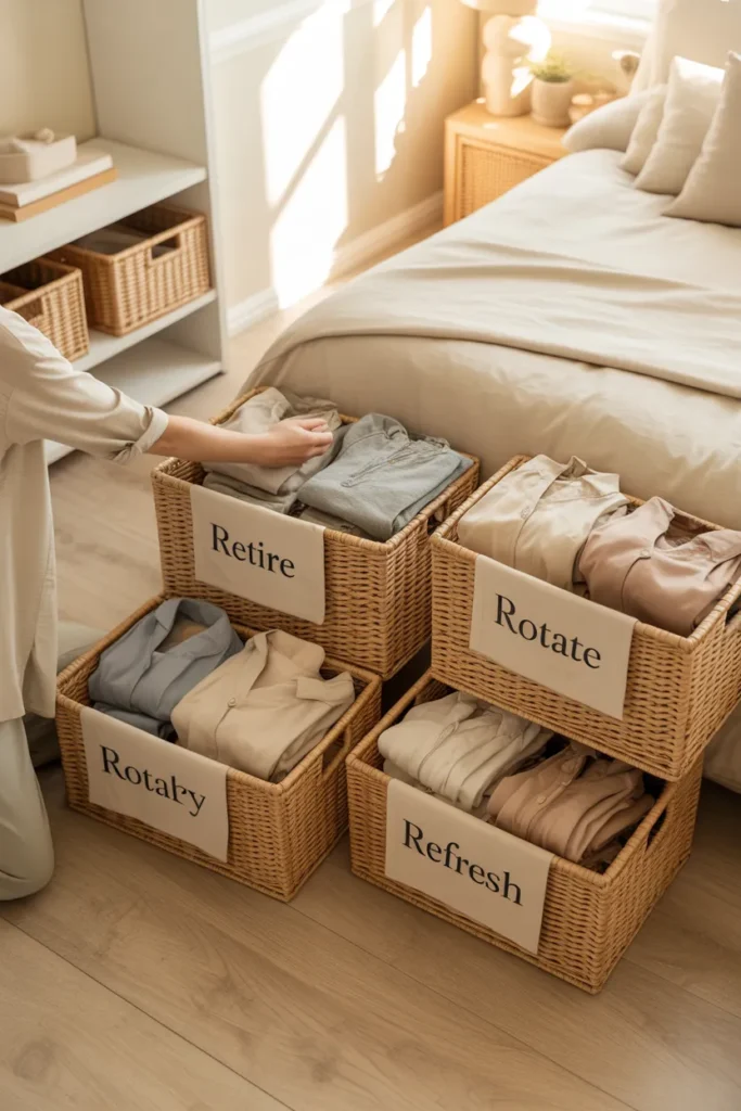 Three labeled boxes for sorting a spring to summer wardrobe transition into retire, rotate, and refresh