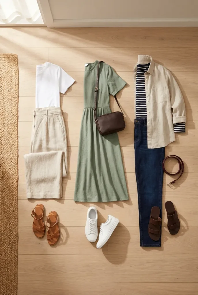 Three mix-and-match Italy summer outfits from one capsule laid on a wood floor