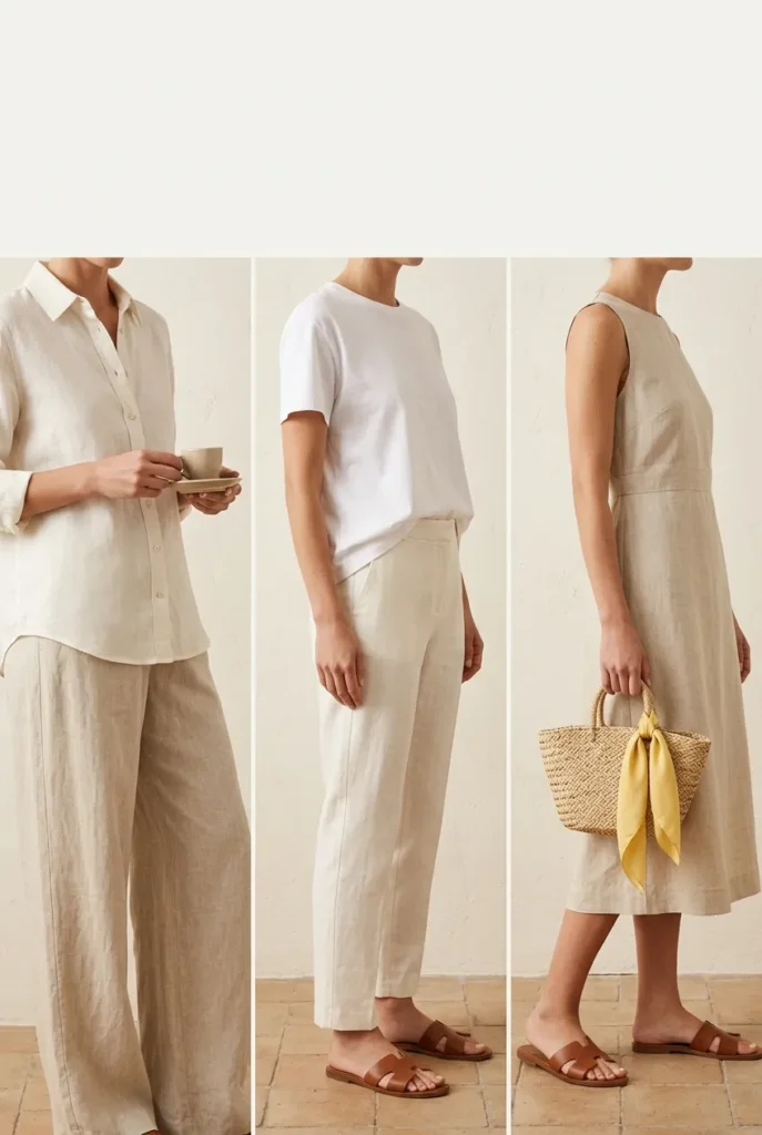Three old money summer outfit formulas with tonal linen, white tee with trousers, and midi linen dress.