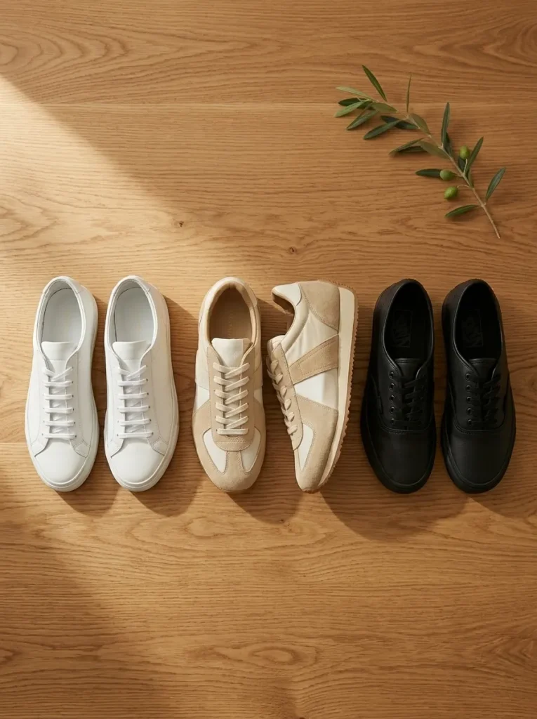 Three-pair women's sneaker capsule featuring white leather, retro runner, and black low-top