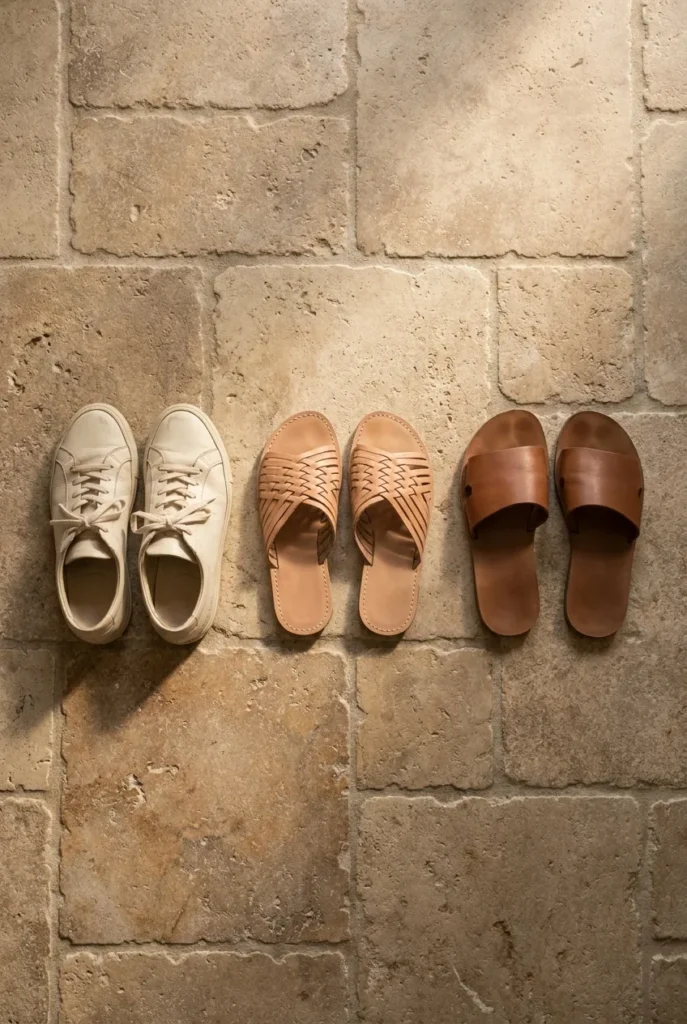 Three pairs of European summer capsule shoes including white sneakers and woven leather sandals on stone floor.