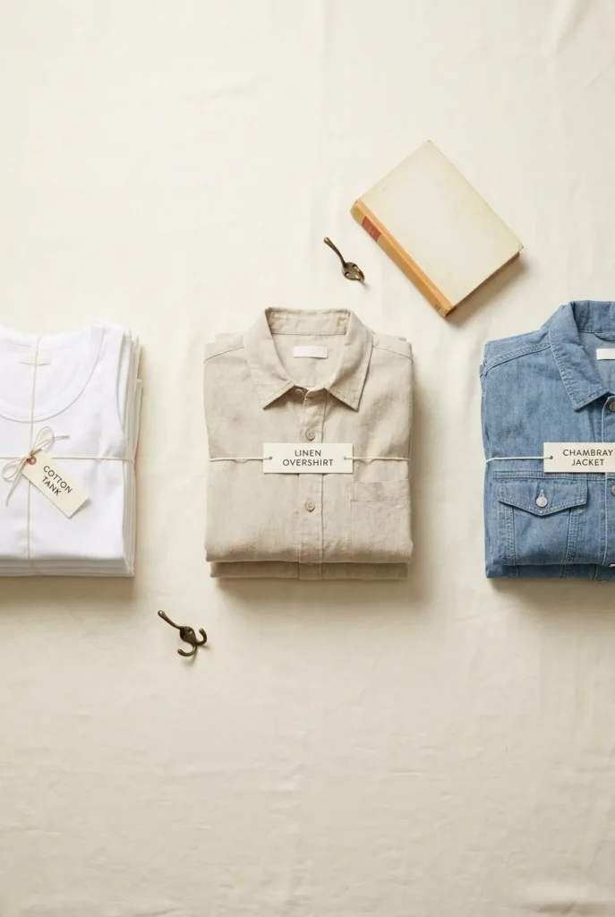 Three-part summer layering framework flat lay with a cotton tank, linen overshirt, and chambray jacket