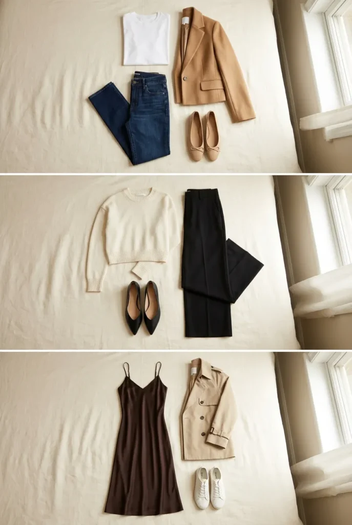 Three petite capsule outfit flat lays showing white tee with jeans, cream knit with trouser, and midi with sneaker.