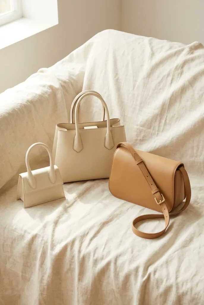 Three quiet luxury handbags in cream camel and ivory on cream linen