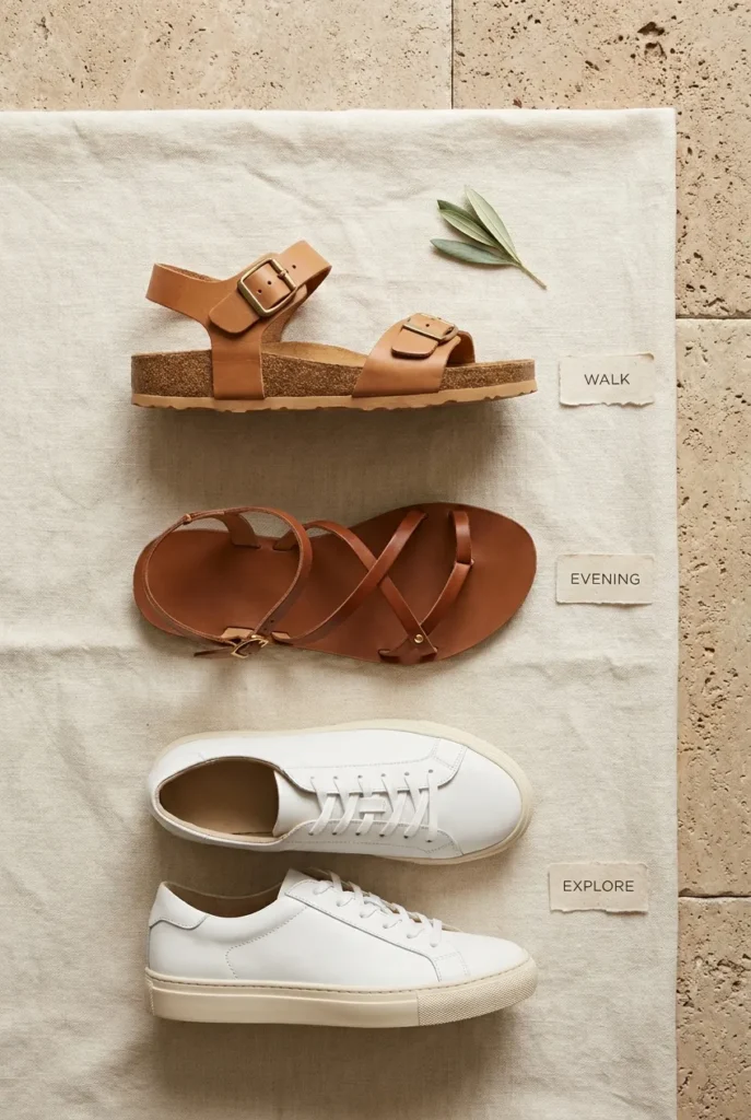 Three shoes for europe summer capsule walking sandals leather evening sandals and white sneakers
