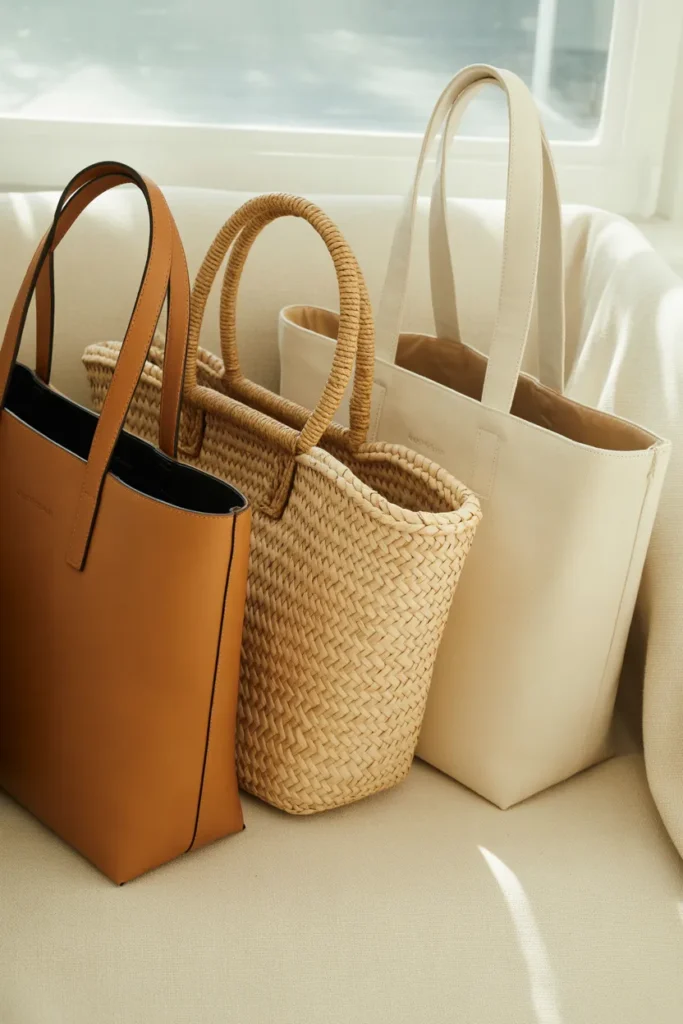 Three structured totes in tan leather, natural straw, and cream canvas for a summer capsule wardrobe