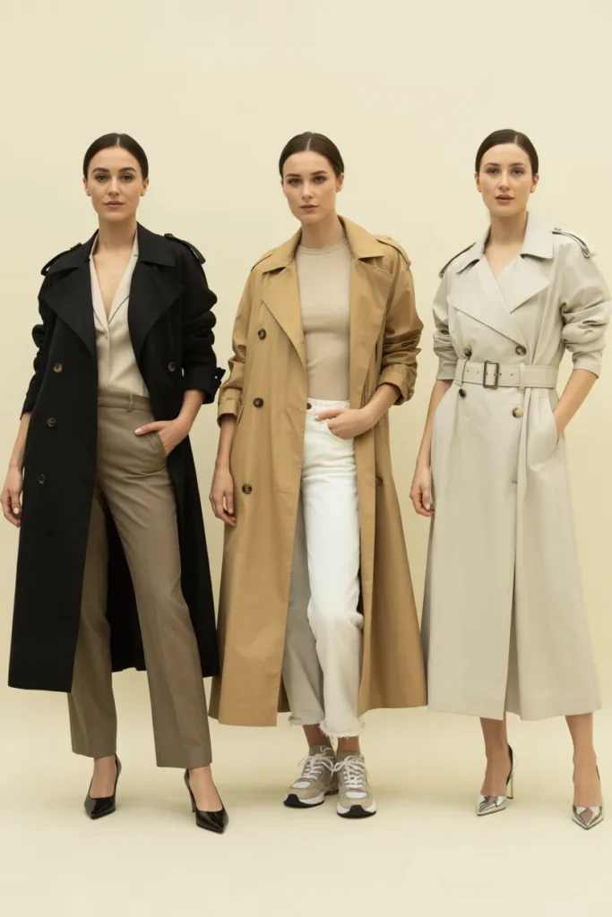 Three trench coat outfit formulas for work, weekend, and evening in capsule wardrobe styling.