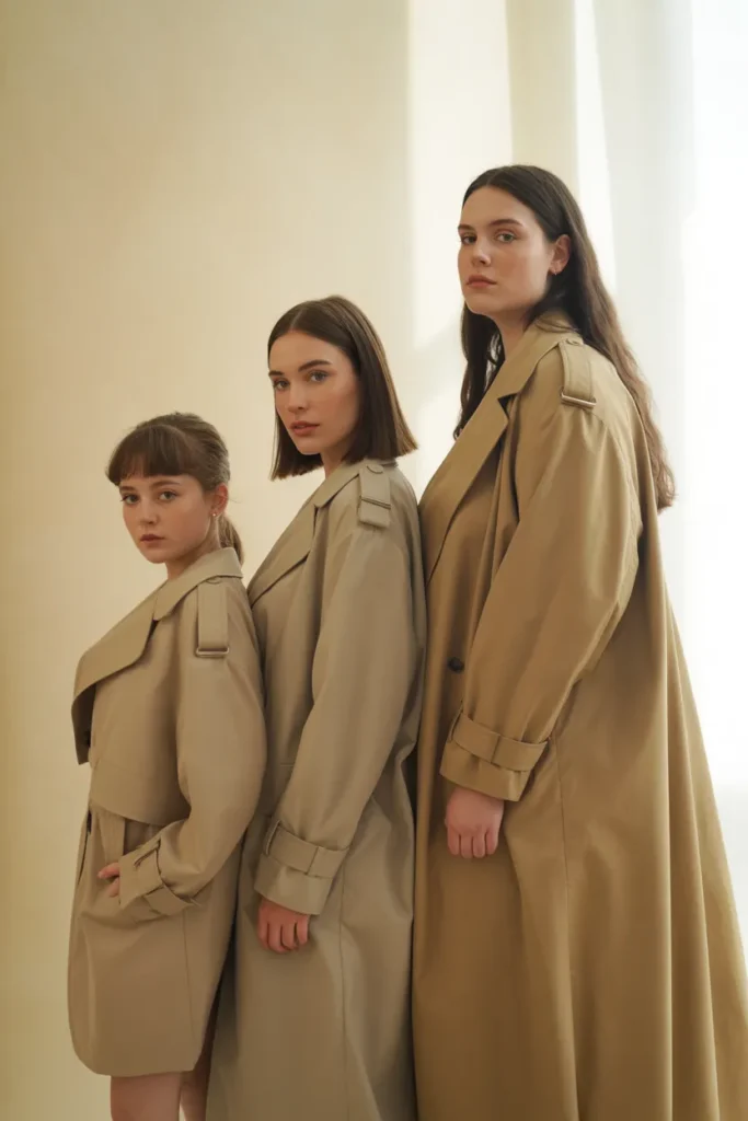 Three women in different trench coat lengths and sizes showing petite, regular, and plus-size capsule styling options.