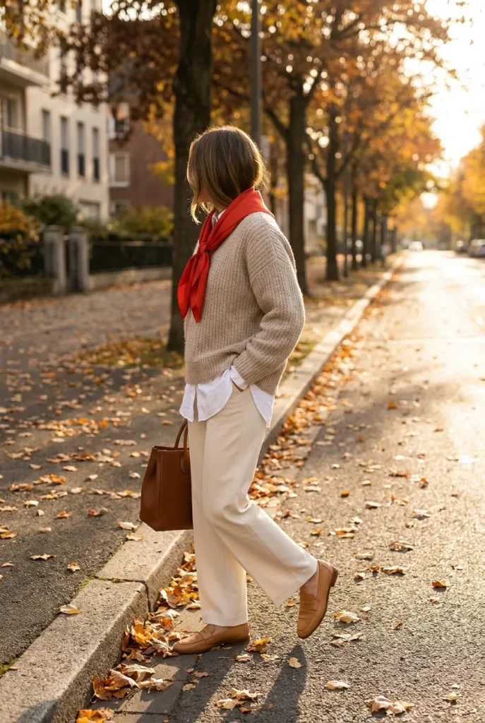 Tomato girl outfit styled for fall cream trousers, oat knit, and a red scarf.