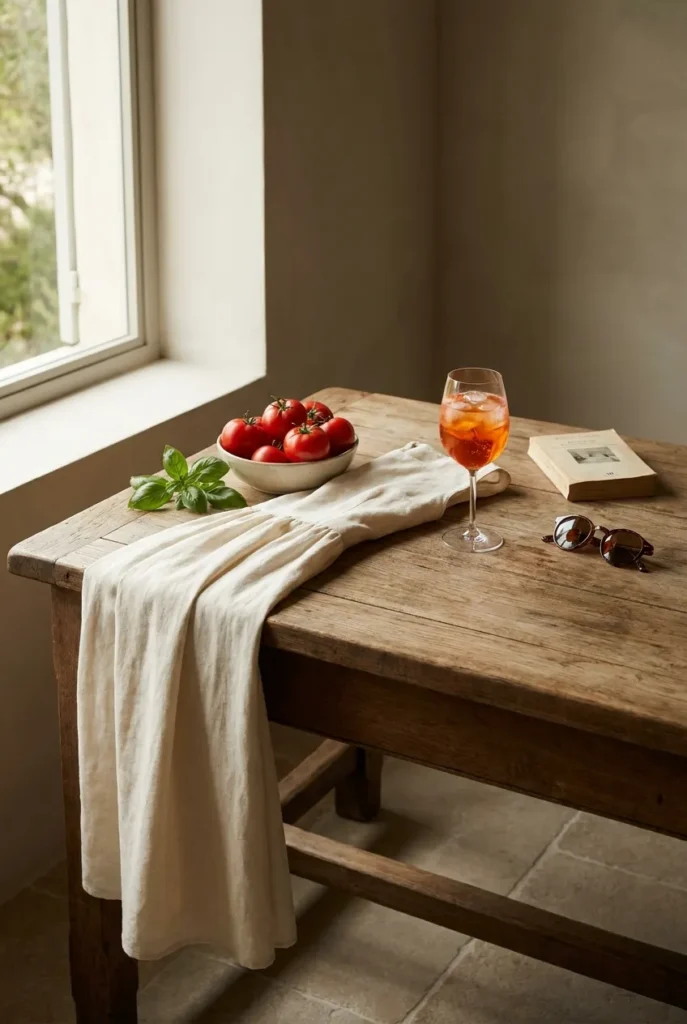 Tomato girl summer aesthetic flat lay with linen, tomatoes, basil, and a spritz.