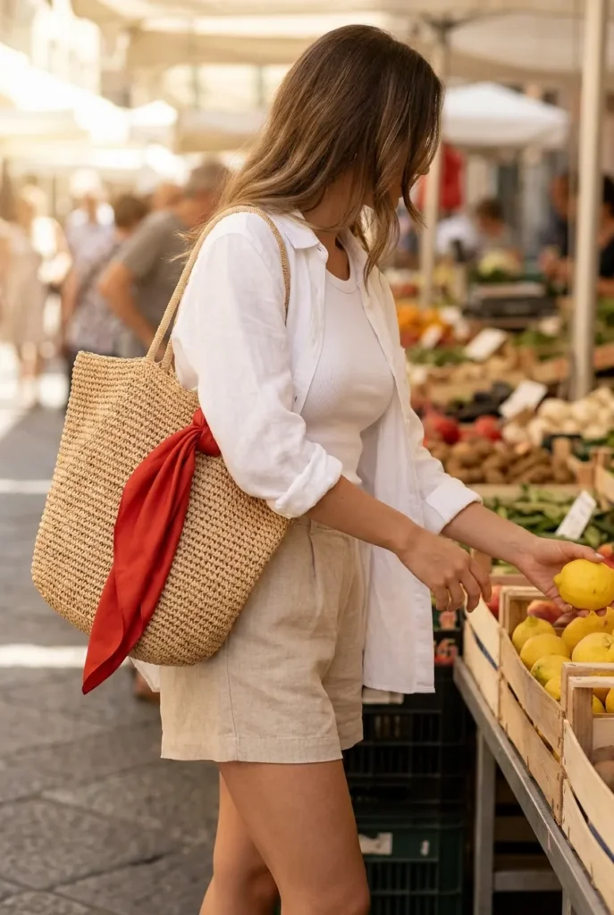 Tomato girl summer outfit at an Italian market linen shorts, white shirt, red scarf.