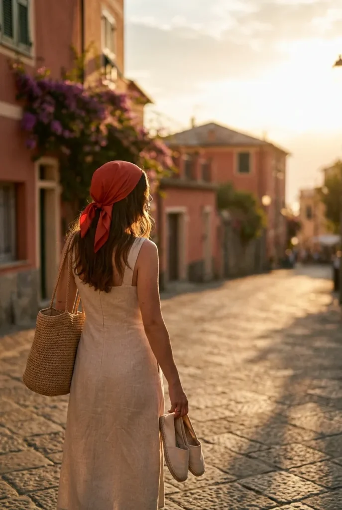Tomato girl summer outfits oat linen midi dress and red headscarf on an Amalfi street.
