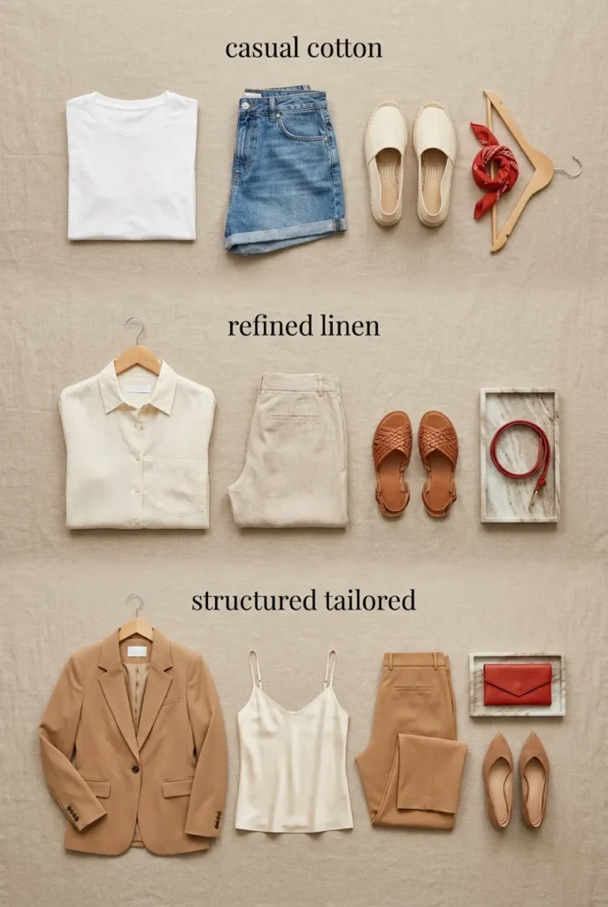 Tomato girl summer outfits shown at three US price tiers with a red accent in each.