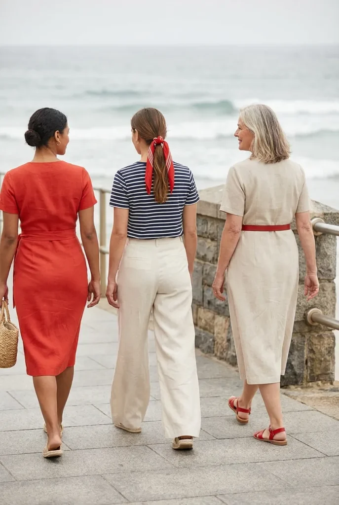 Tomato girl summer outfits styled for petite, curvy, and tall body types by the sea.
