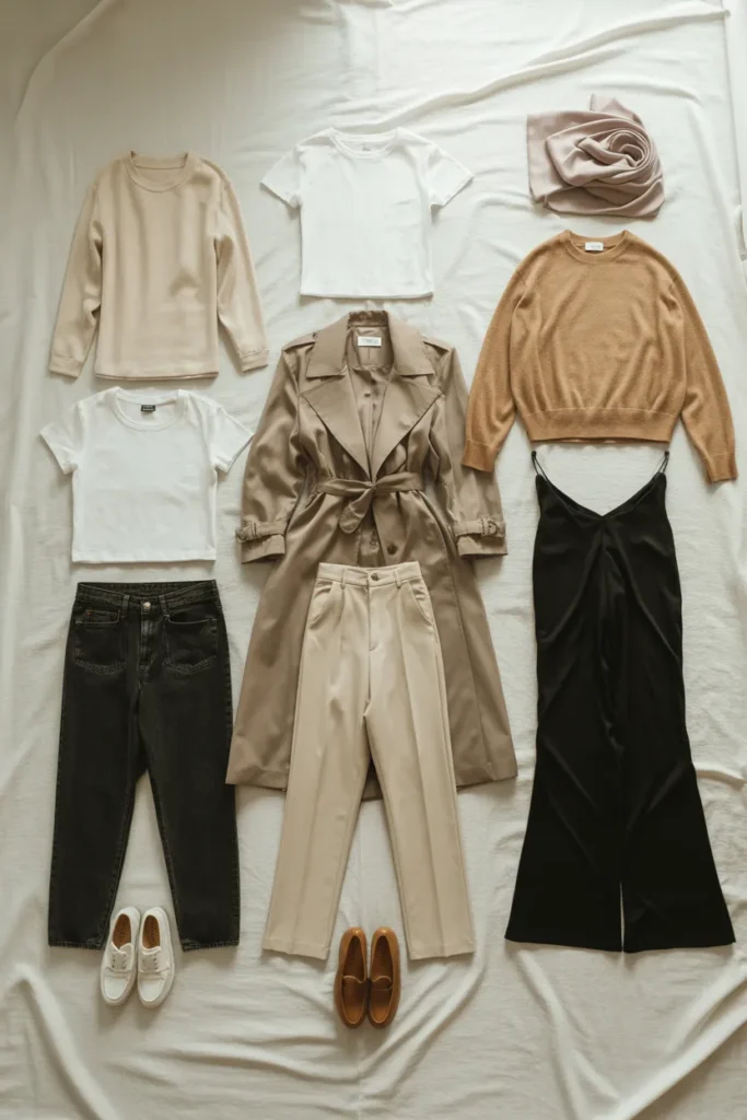 Travel capsule wardrobe flat lay showing how to layer outfits for a carry-on only trip with trench coat, sweaters, and jeans