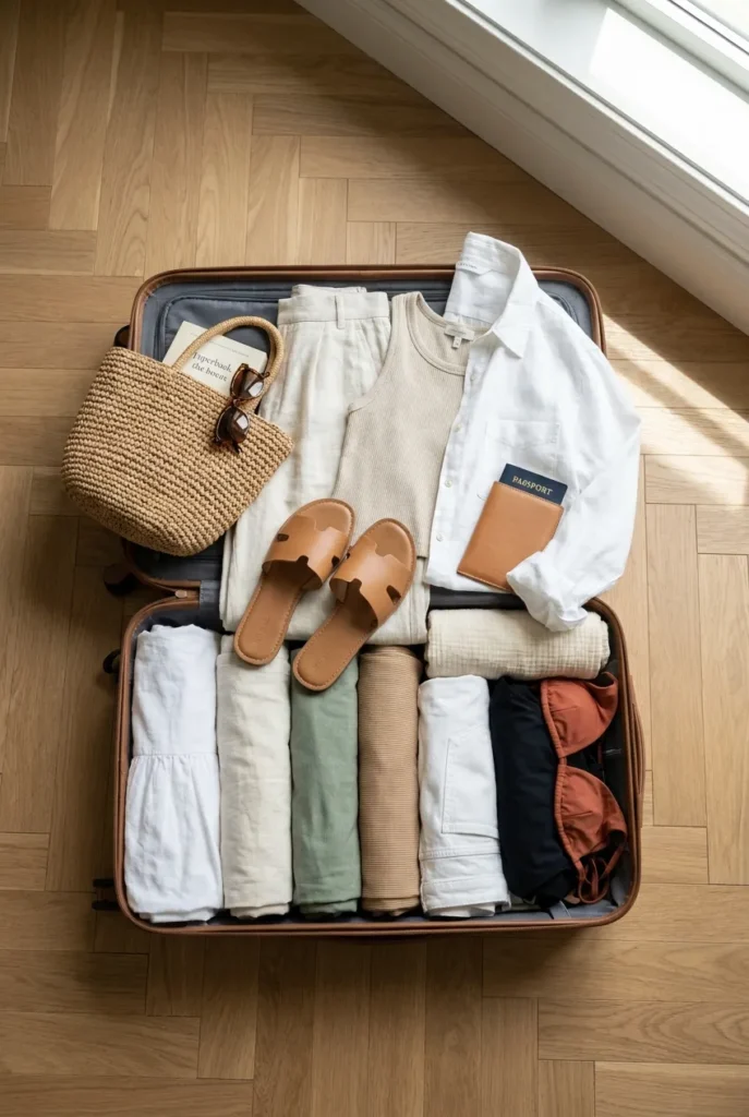 Travel-day outfit and packed carry-on with the full beach vacation capsule wardrobe rolled inside.