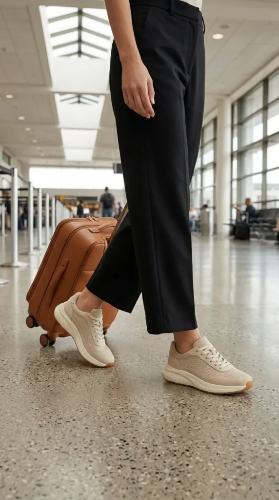 Travel-day outfit featuring beige cushioned walking sneakers with black wide-leg trousers and carry-on