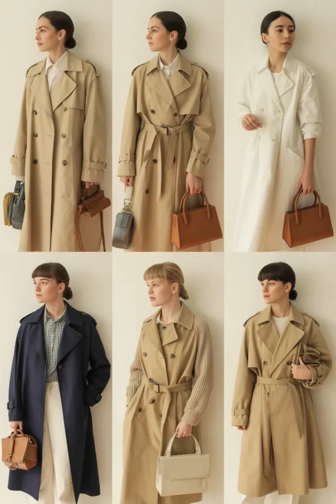 Trench coat capsule outfit grid showing six aesthetic lanes from old money to clean girl with neutral styling.