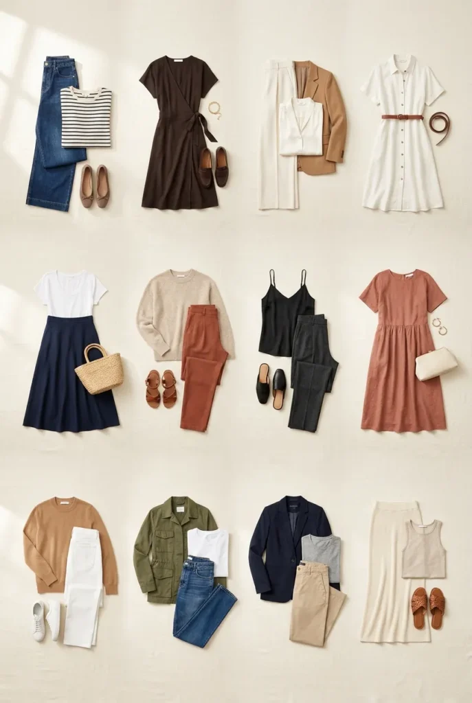 Twelve curvy capsule wardrobe outfit formulas arranged in a flat-lay grid with neutral palette and gold accents.