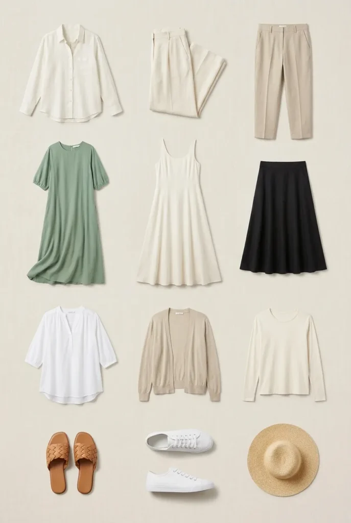 Twelve-piece modest summer capsule wardrobe flat lay with linen trousers, midi dress, tunic, sandals, and straw hat on oat linen.