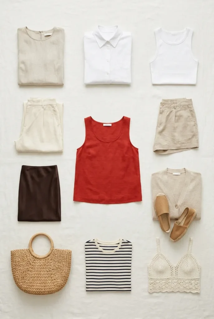 Twelve-piece tomato girl summer capsule wardrobe flat lay on ivory linen.