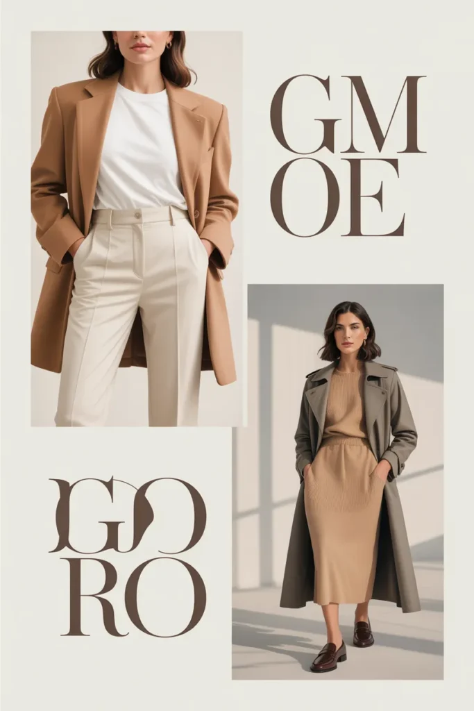 Two neutral capsule wardrobe outfit formulas styled for everyday wear
