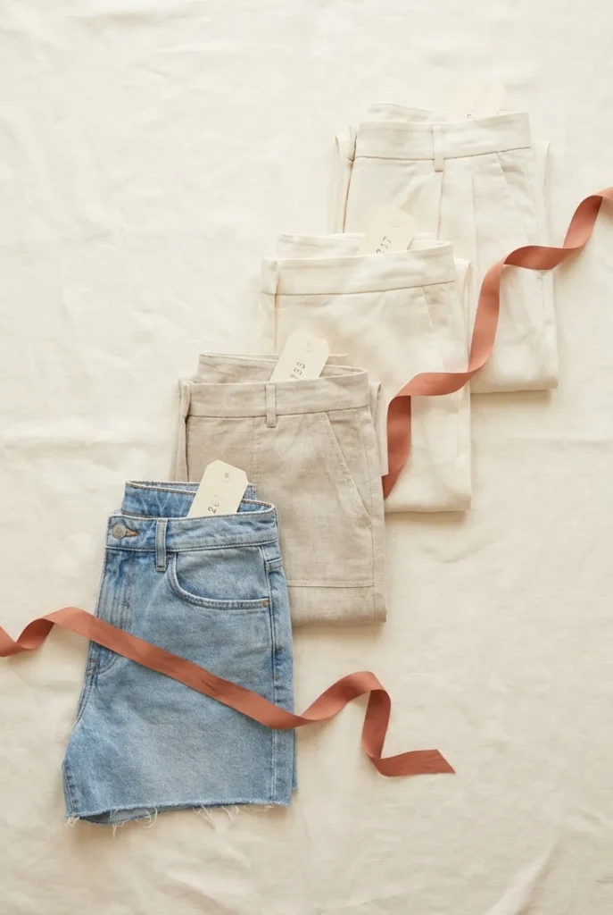 US retailer ladder for capris flat lay with four folded pairs from mass to investment tier on cream linen.