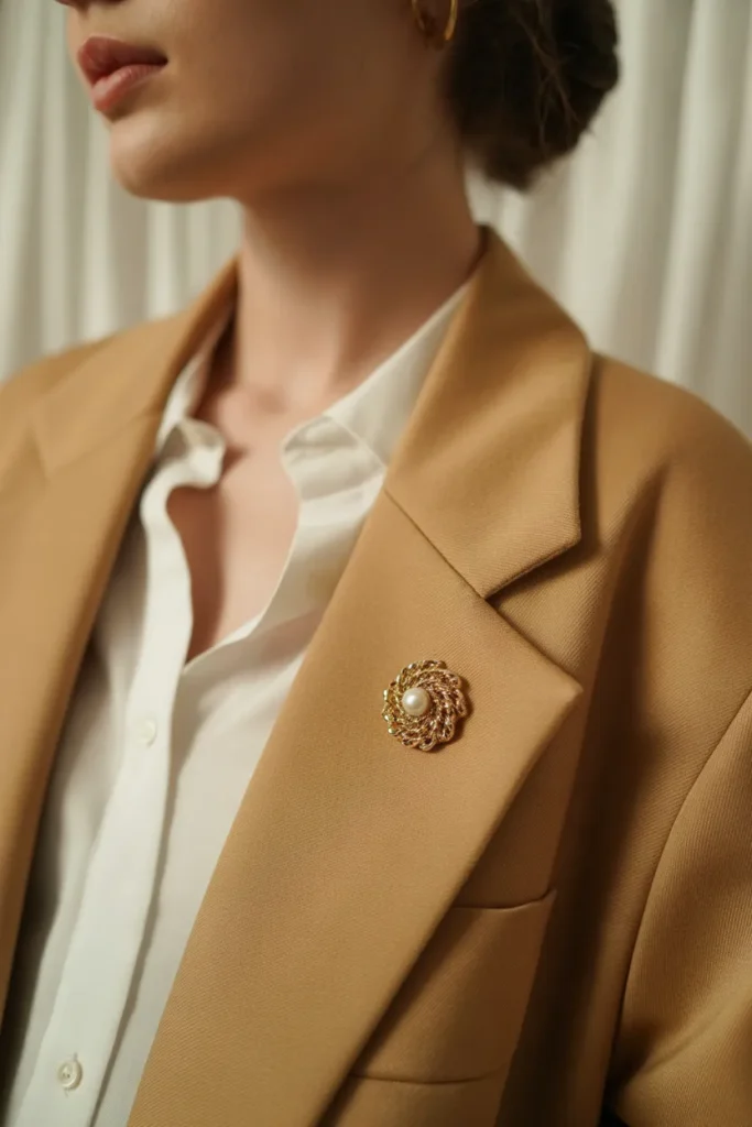Vintage gold pearl brooch pinned to camel blazer lapel showing the Pinterest fashion trends 2026 brooched aesthetic.