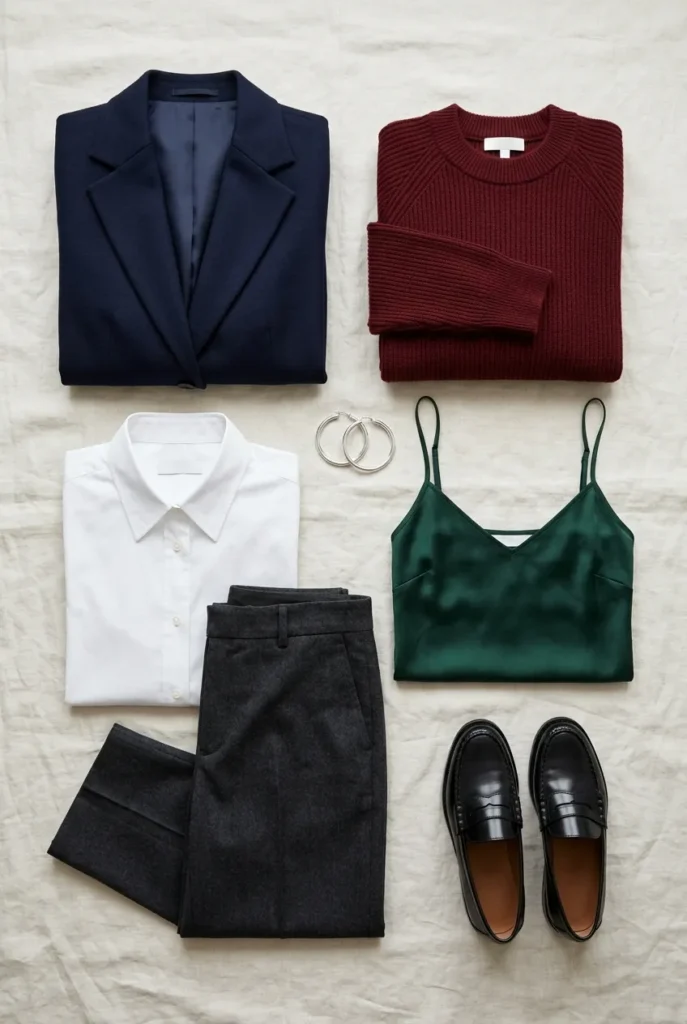 Wardrobe colors for cool skin tone flat lay with navy burgundy white and emerald capsule pieces