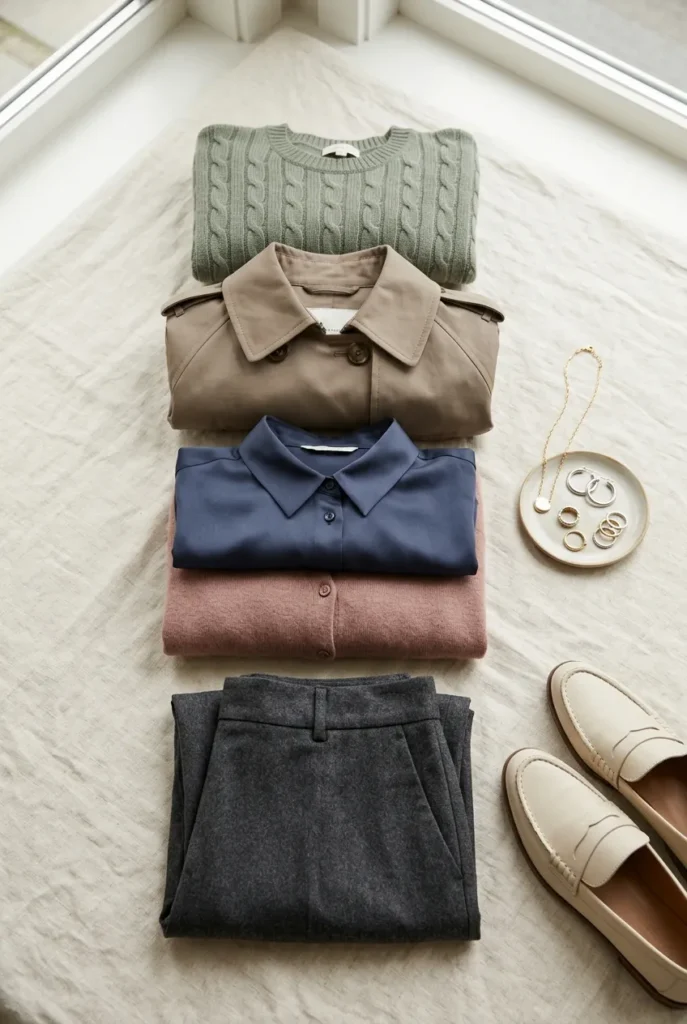 Wardrobe colors that match neutral skin tone flat lay with sage taupe navy and dusty rose pieces