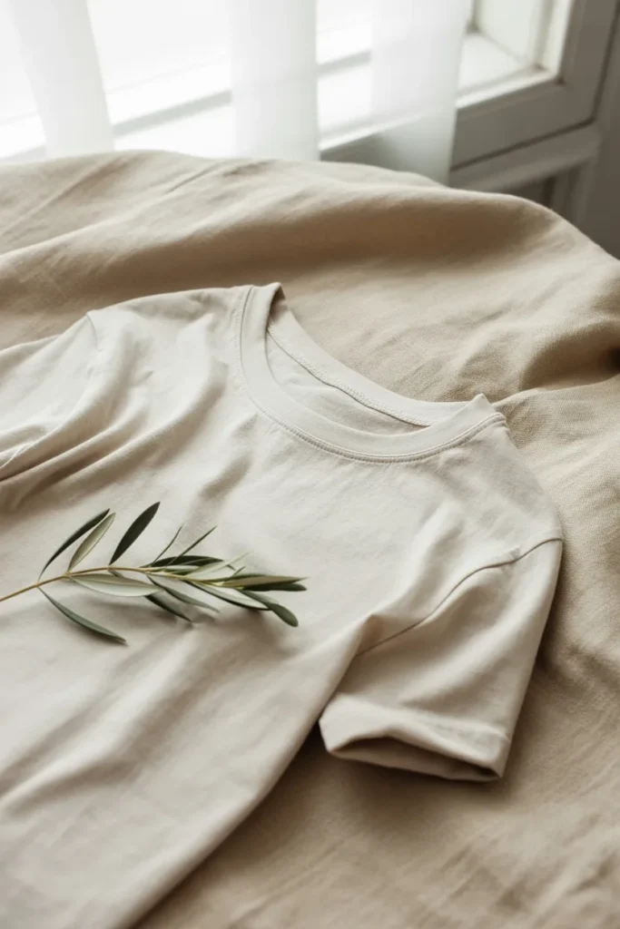Warm white cotton crewneck tee styled as a neutral capsule wardrobe essential