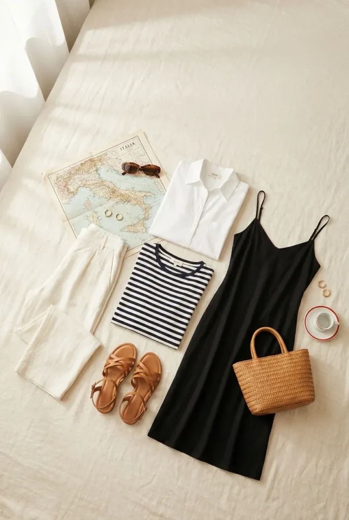 What to pack for Europe in summer capsule wardrobe flat lay with linen pants tee sandals and tote